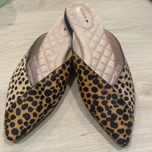 Birdies Swan Mule Slides in cheetah calf hair